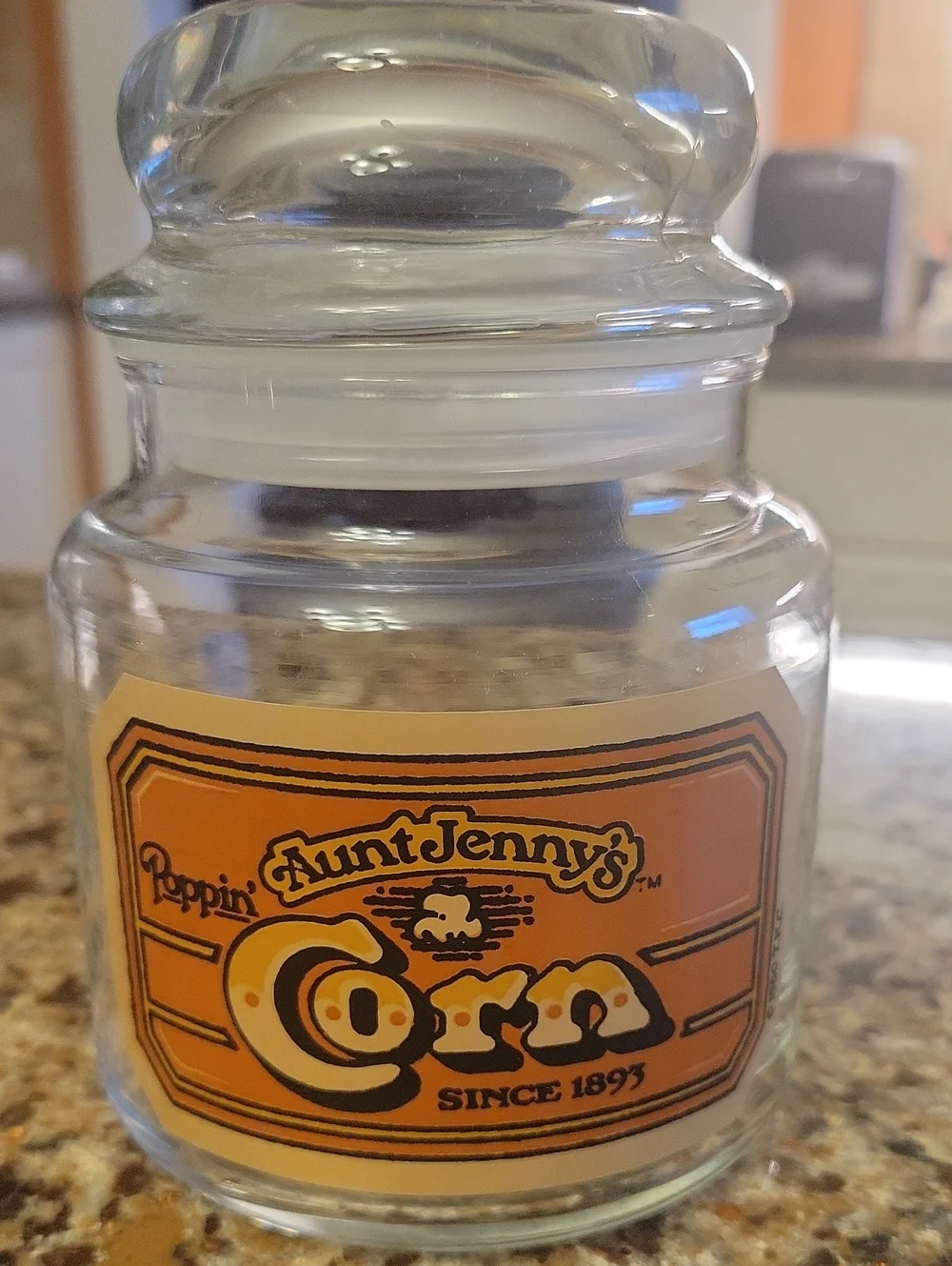 1980 Poppin' Corn Glass Storage Jar - Orange Label EUC